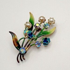Vintage Austria Brooch Flowers AB Hand Painted Faux Pearls